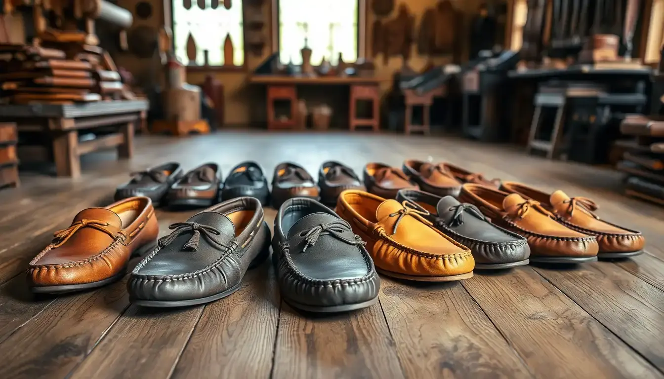 Différents modèles de mocassins en cuir artisanal posés sur un sol en bois rustique