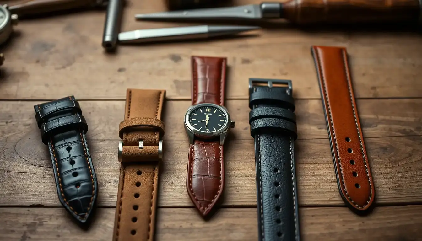 Différents modèles de montre bracelet cuir de luxe sur un établi d'artisan.