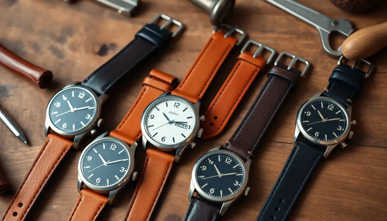 Sélection de montres homme avec bracelets en cuir véritable sur un établi d'artisan.