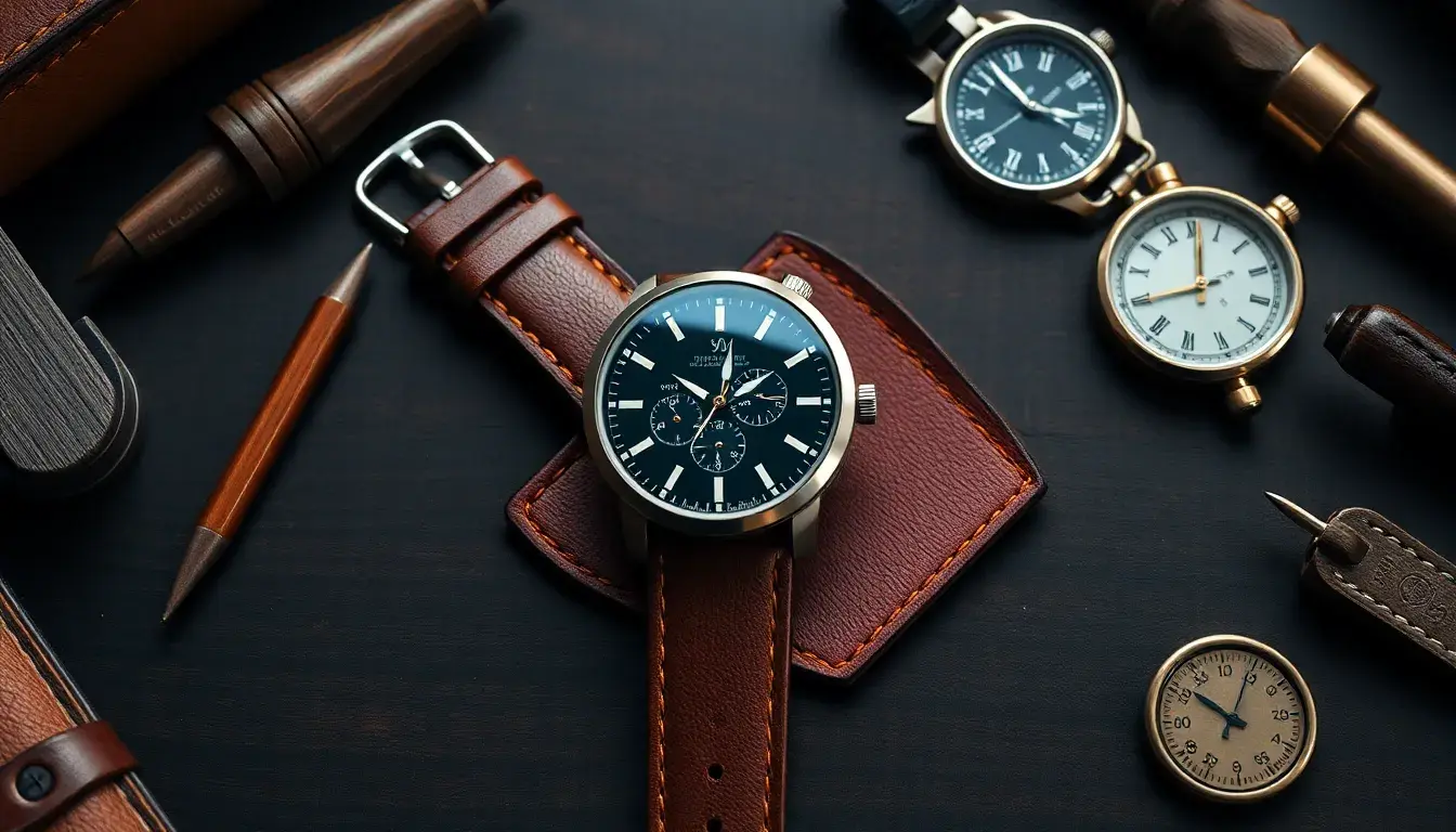 Montre homme cuir de luxe posée sur un établi en bois avec des outils d'artisanat