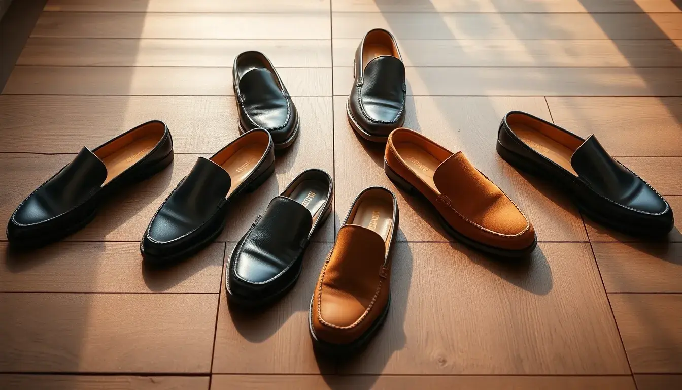 Différents styles de mules en cuir pour homme disposées sur un parquet en bois rustique.