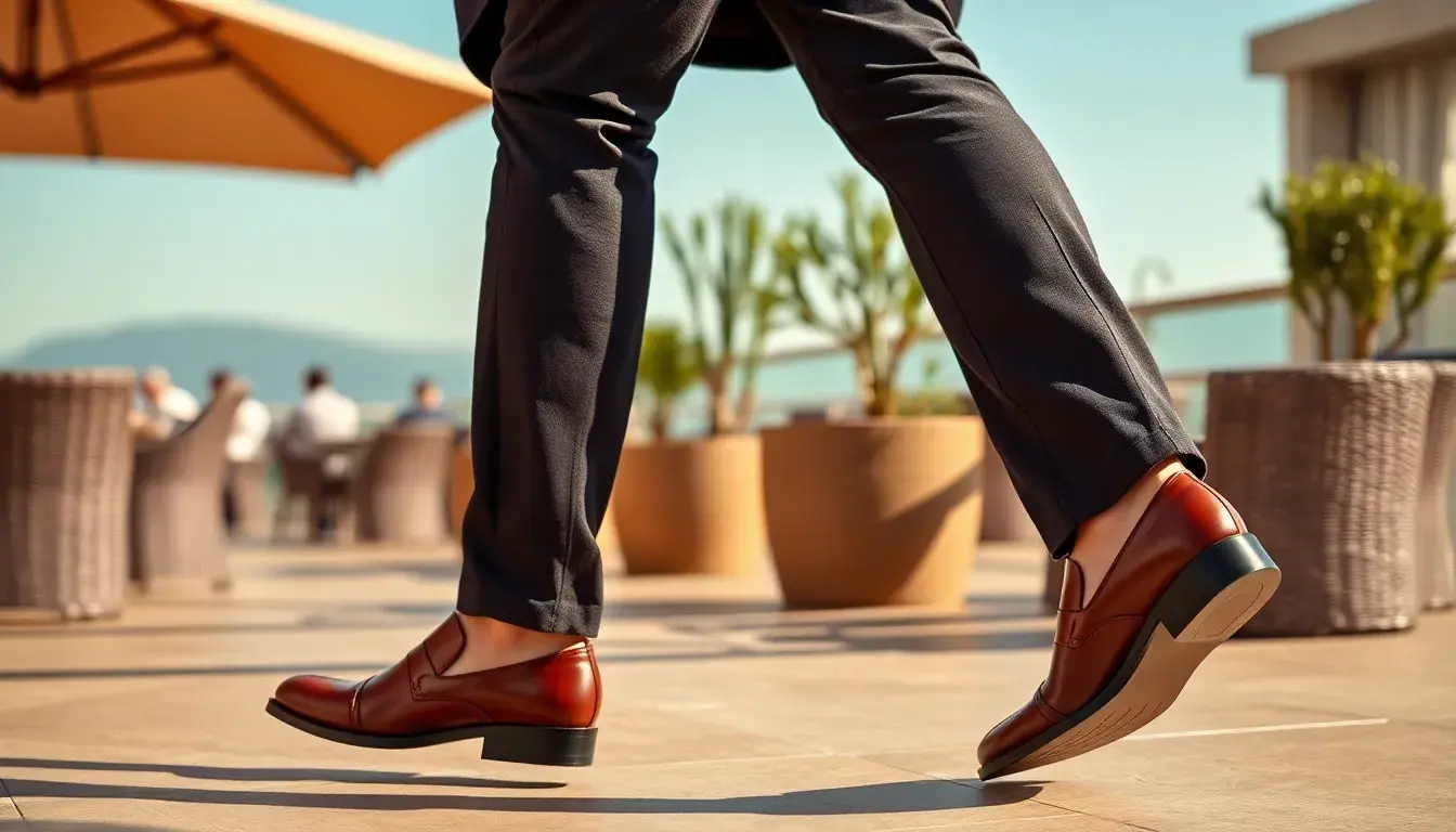 Homme portant des mules homme cuir élégantes sur une terrasse ensoleillée