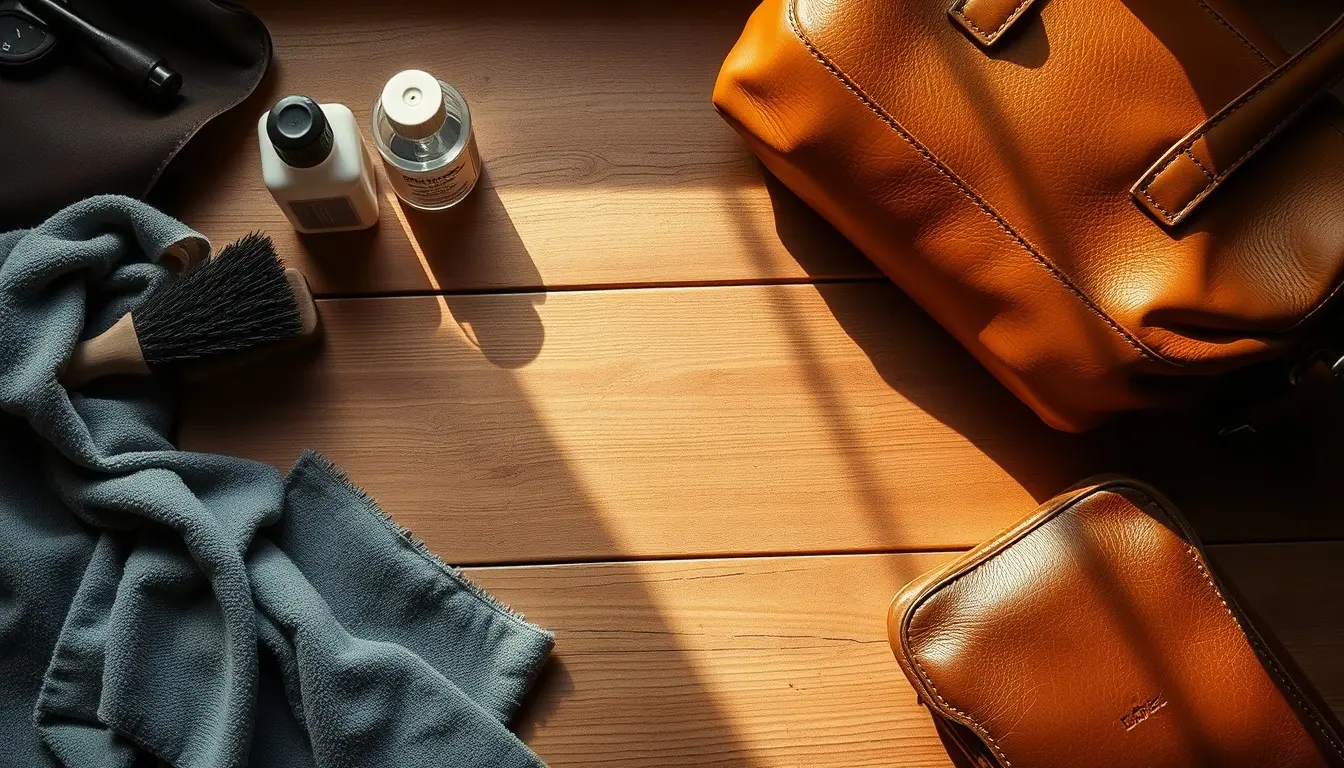 Produits d'entretien et nettoyage cuirs disposés sur une table en bois rustique