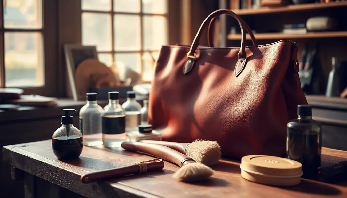 Un artisan utilisant un nettoyant pour cuir sur un sac en cuir pleine fleur dans un atelier chaleureux