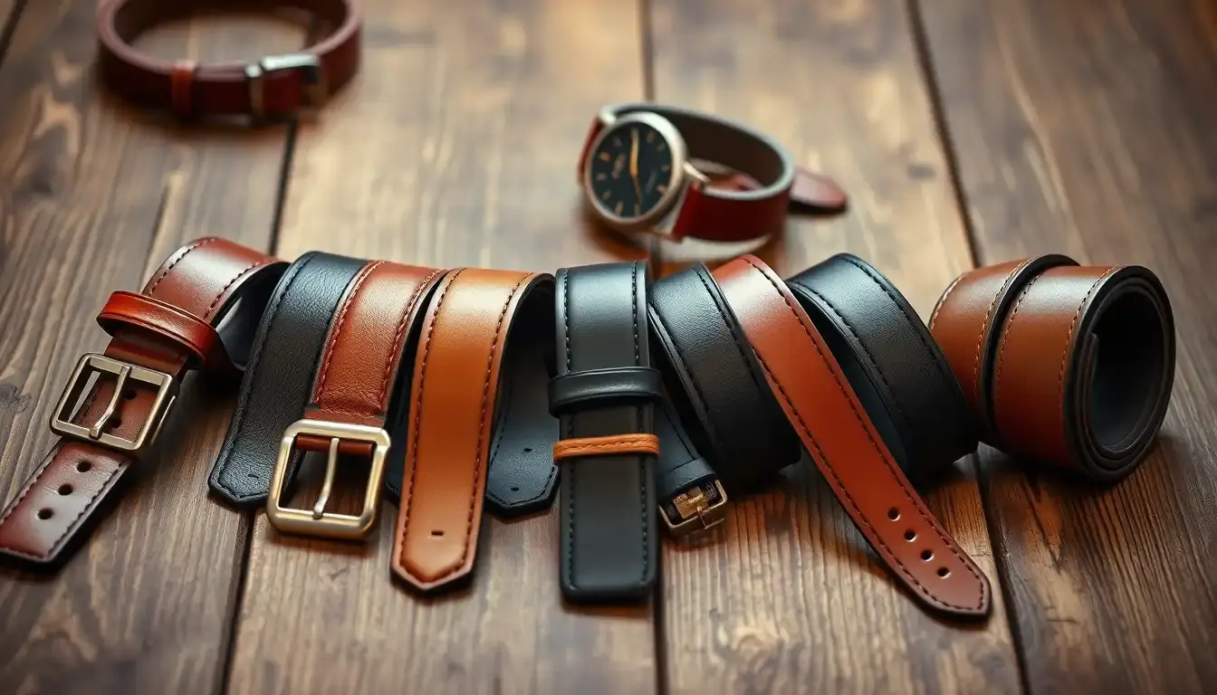 Différentes ceintures en cuir pour homme disposées élégamment sur une table en bois rustique