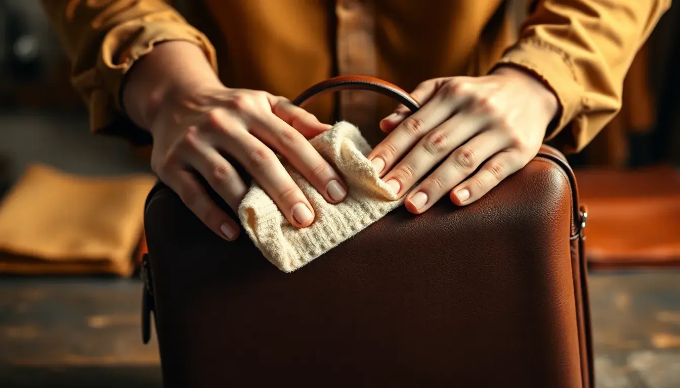 Mains d'un expert nettoyant avec soin un sac en cuir noble avec un chiffon doux