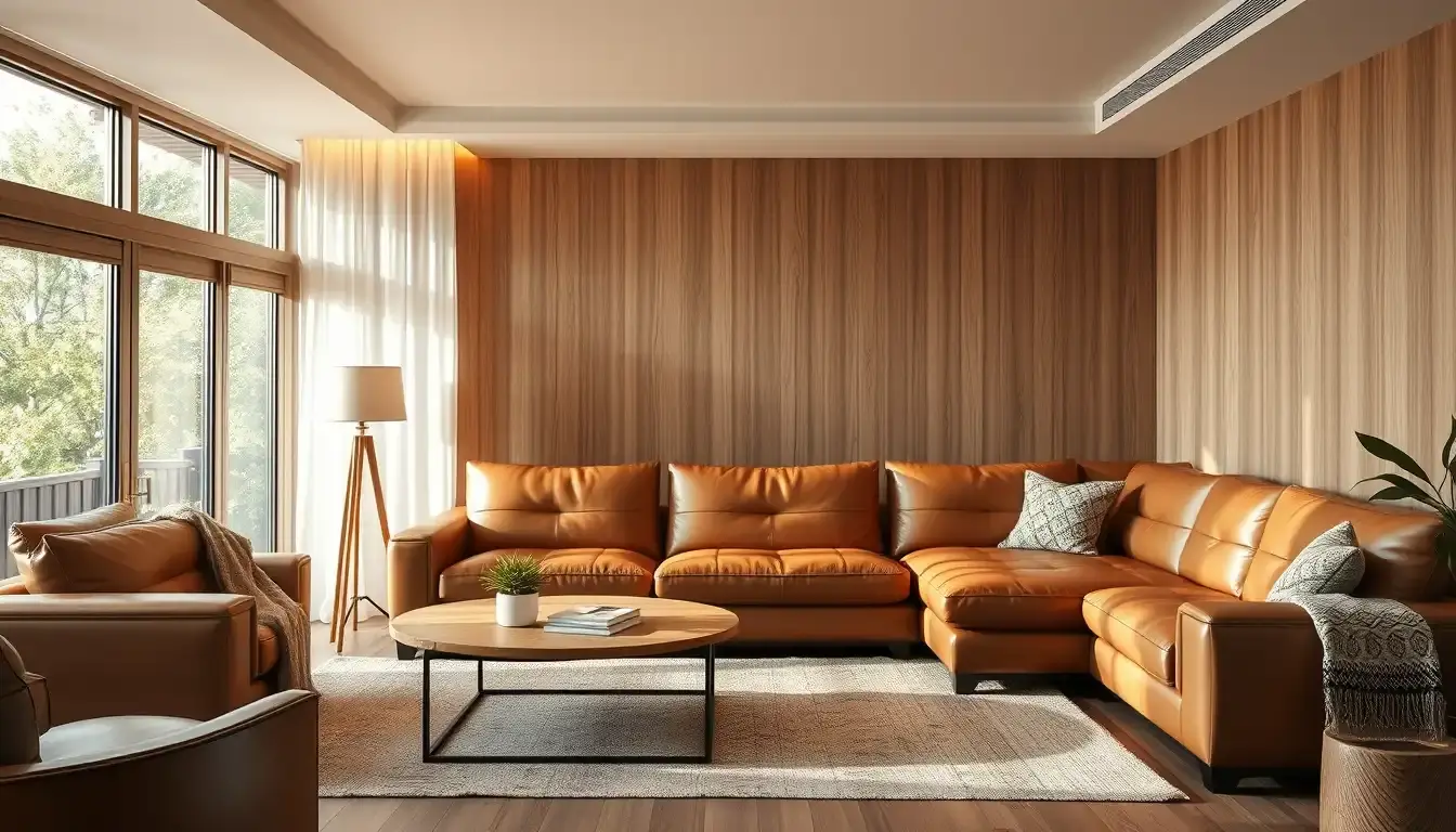 Canapé modulaire en cuir de couleur fauve dans un salon chaleureux avec un éclairage naturel