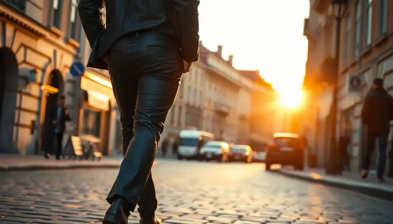 Homme élégant portant un pantalon en cuir noir dans une rue urbaine