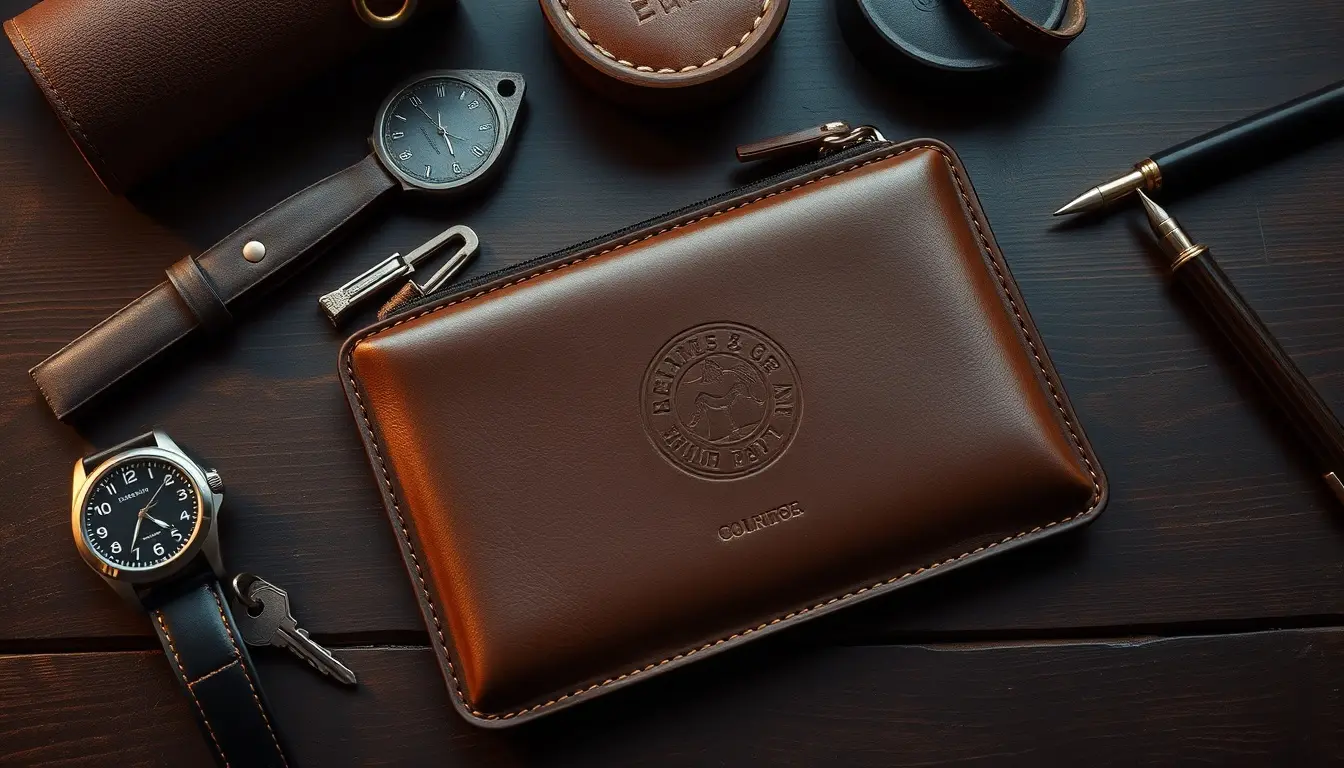 Pochette cuir homme marron haut de gamme sur table en bois avec accessoires élégants