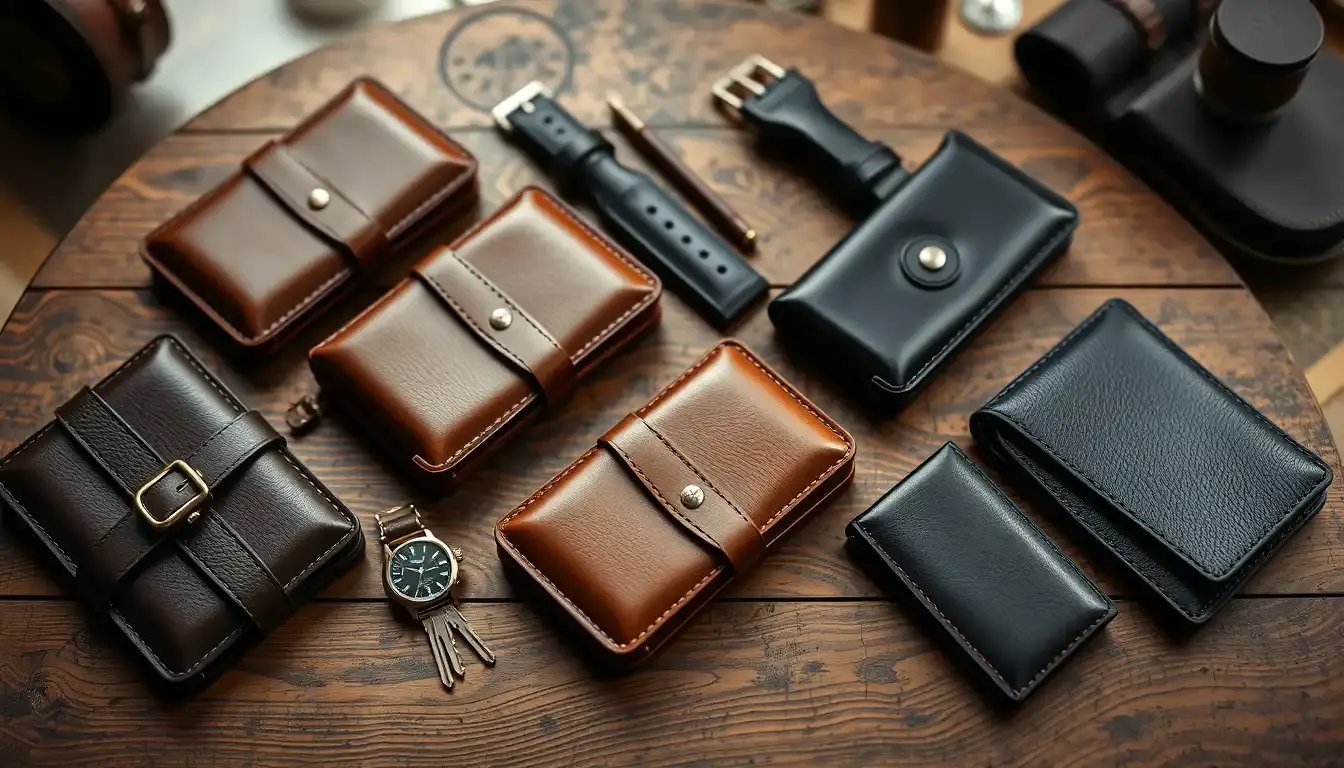Collection de pochettes homme cuir de qualité sur une table en bois rustique.