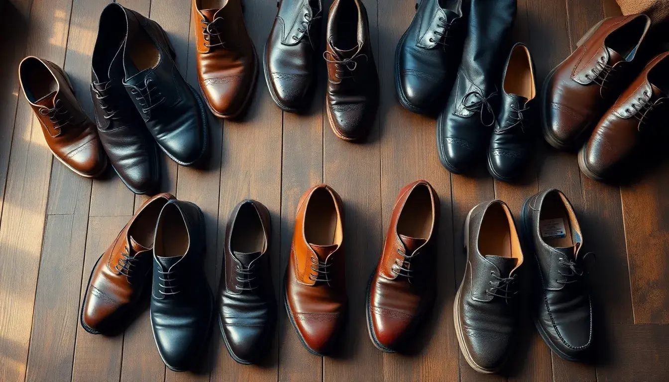 Collection de chaussures en cuir pour homme incluant Richelieus et boots sur bois