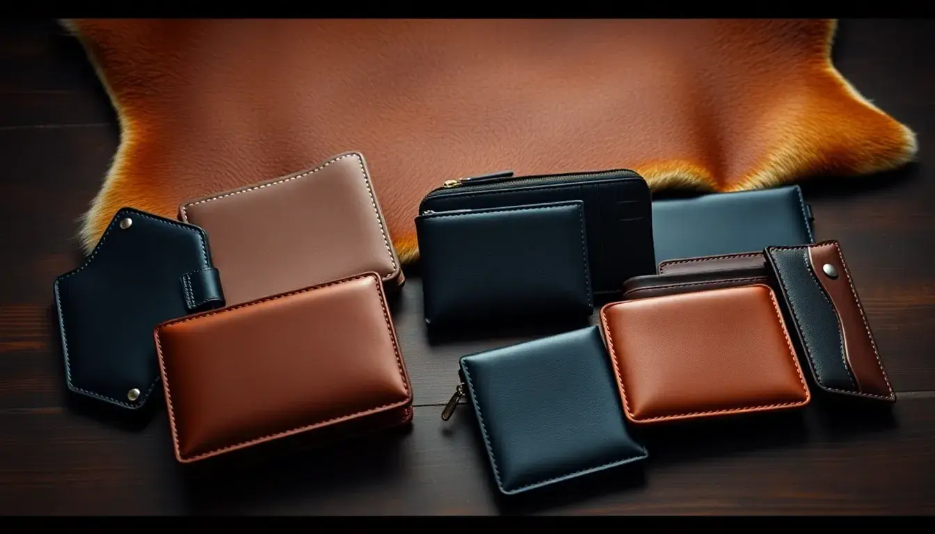 Collection élégante de portefeuilles en cuir femme sur un établi d'artisan.