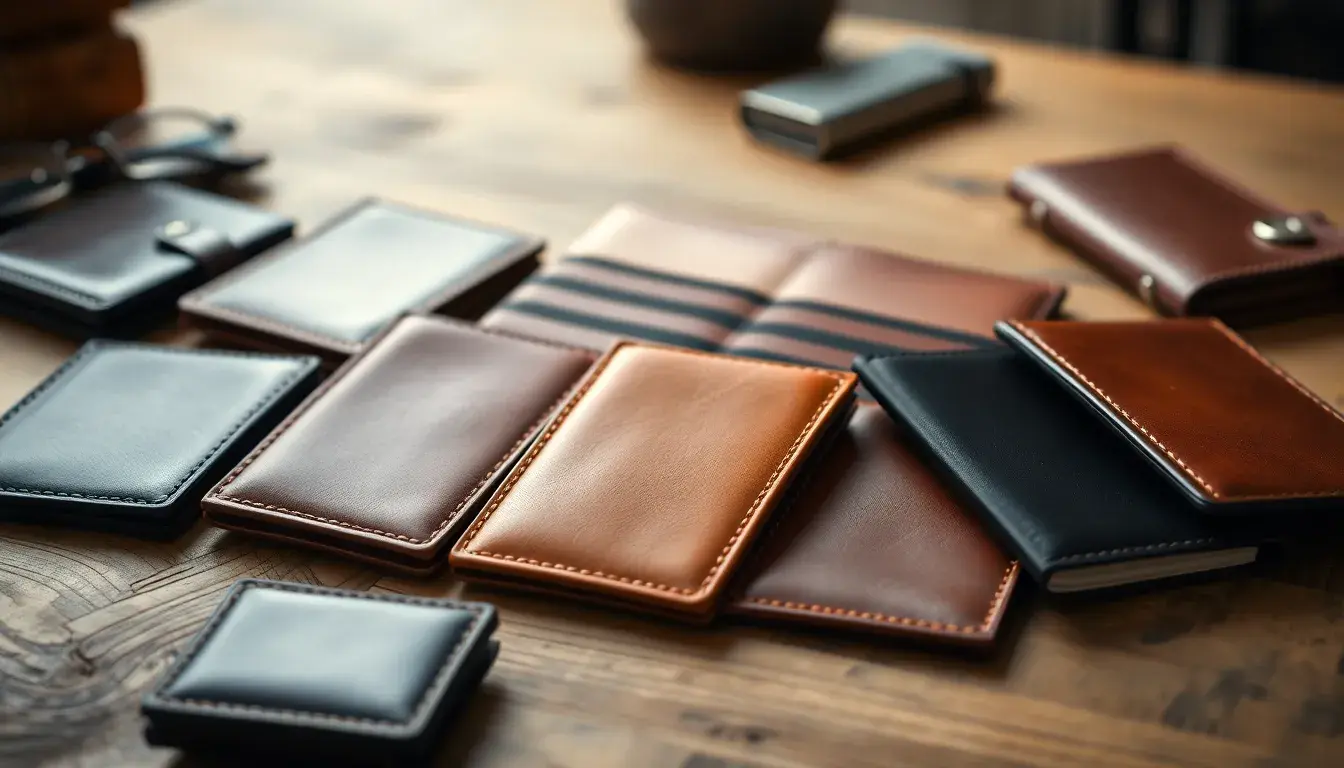 Collection de portefeuilles homme en cuir de qualité sur une table en bois rustique
