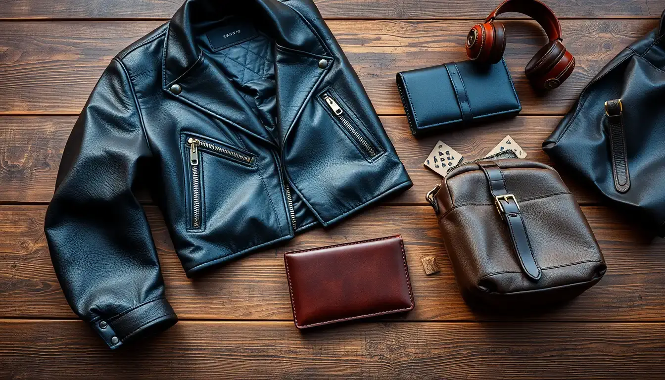 Accessoires variés en pu cuir disposés élégamment sur une table en bois