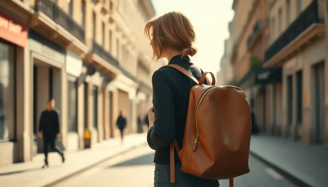 Femme élégante portant un sac à dos en cuir camel dans une rue ensoleillée.