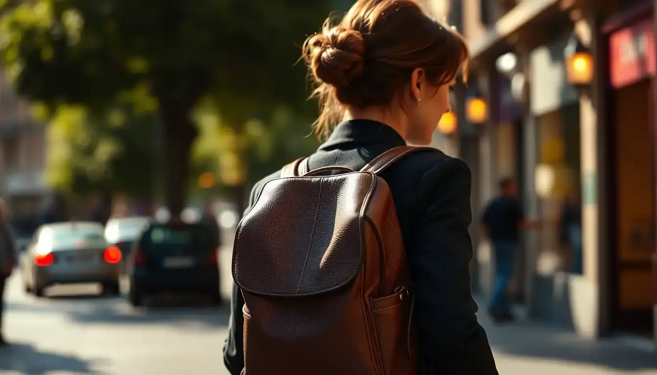 Femme élégante portant un sac à dos femme cuir haut de gamme dans une rue ensoleillée