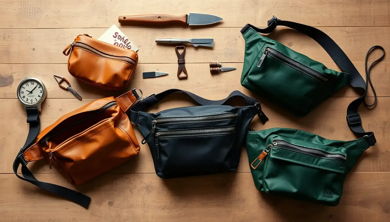 Différents modèles de sacs banane en cuir disposés sur une table d'artisan maroquinier.