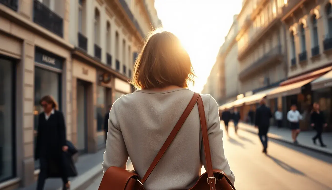 Femme élégante portant un sac bandoulière en cuir couleur fauve dans une rue ensoleillée