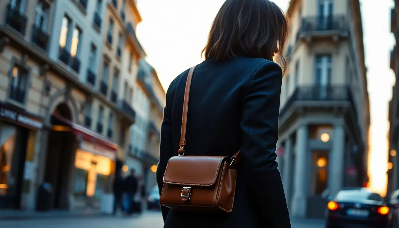 Femme élégante portant un sac bandoulière en cuir cognac dans une rue de ville
