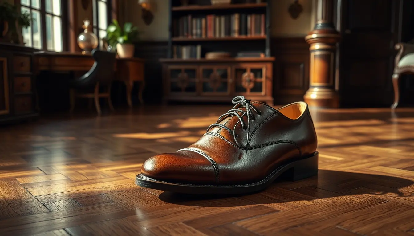 Gros plan de chaussures homme cuir de style Richelieu avec une patine artisanale