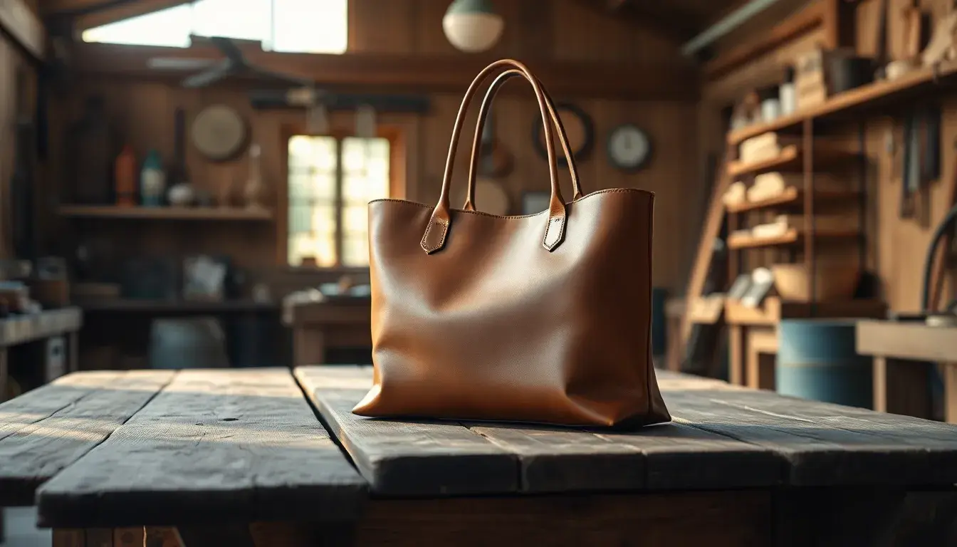 Sac cabas en cuir haut de gamme sur une table en bois dans un atelier ensoleillé