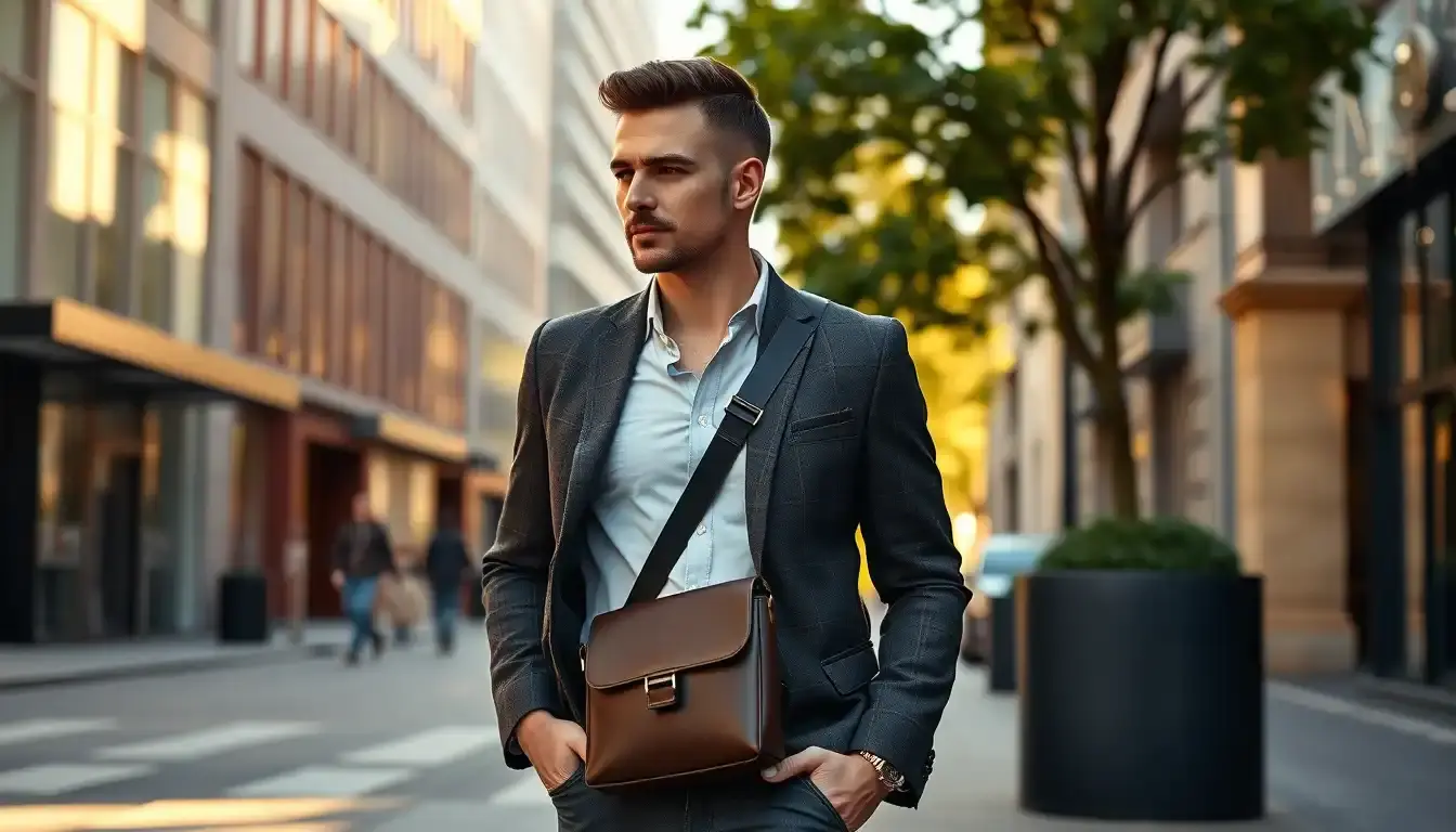 Homme élégant portant un sac cuir bandoulière de qualité supérieure dans une rue urbaine
