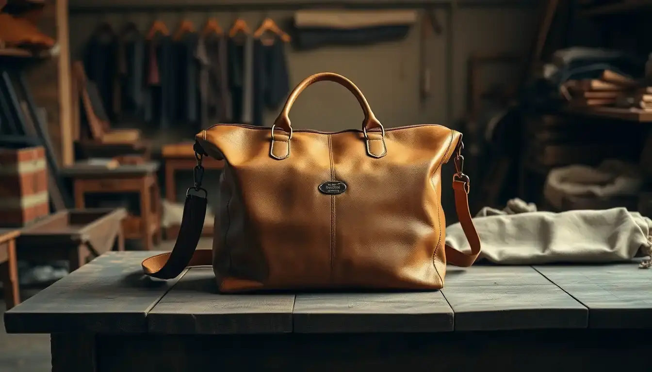 Sac cabas en cuir pleine fleur cognac posé sur une table en bois artisanale