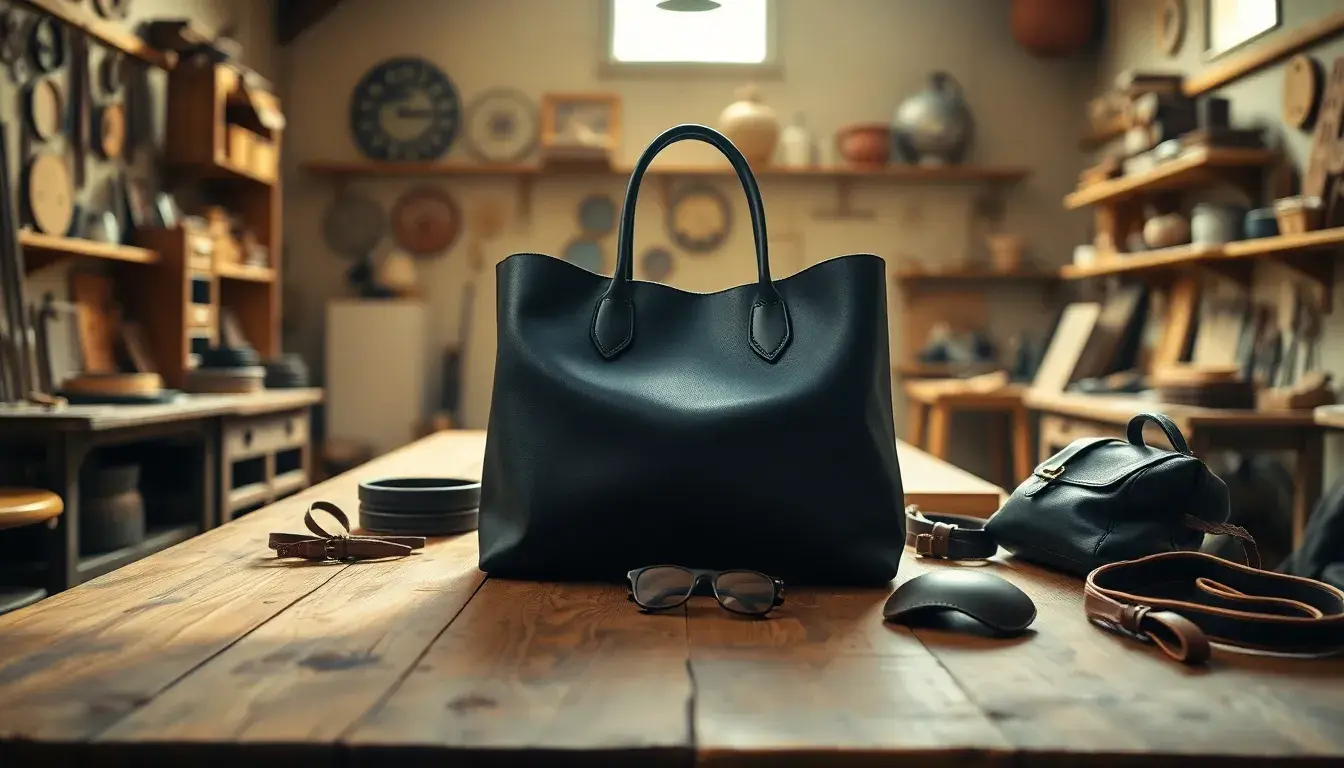 Sac à main en cuir noir luxueux posé sur une table d'artisan avec des accessoires en cuir.