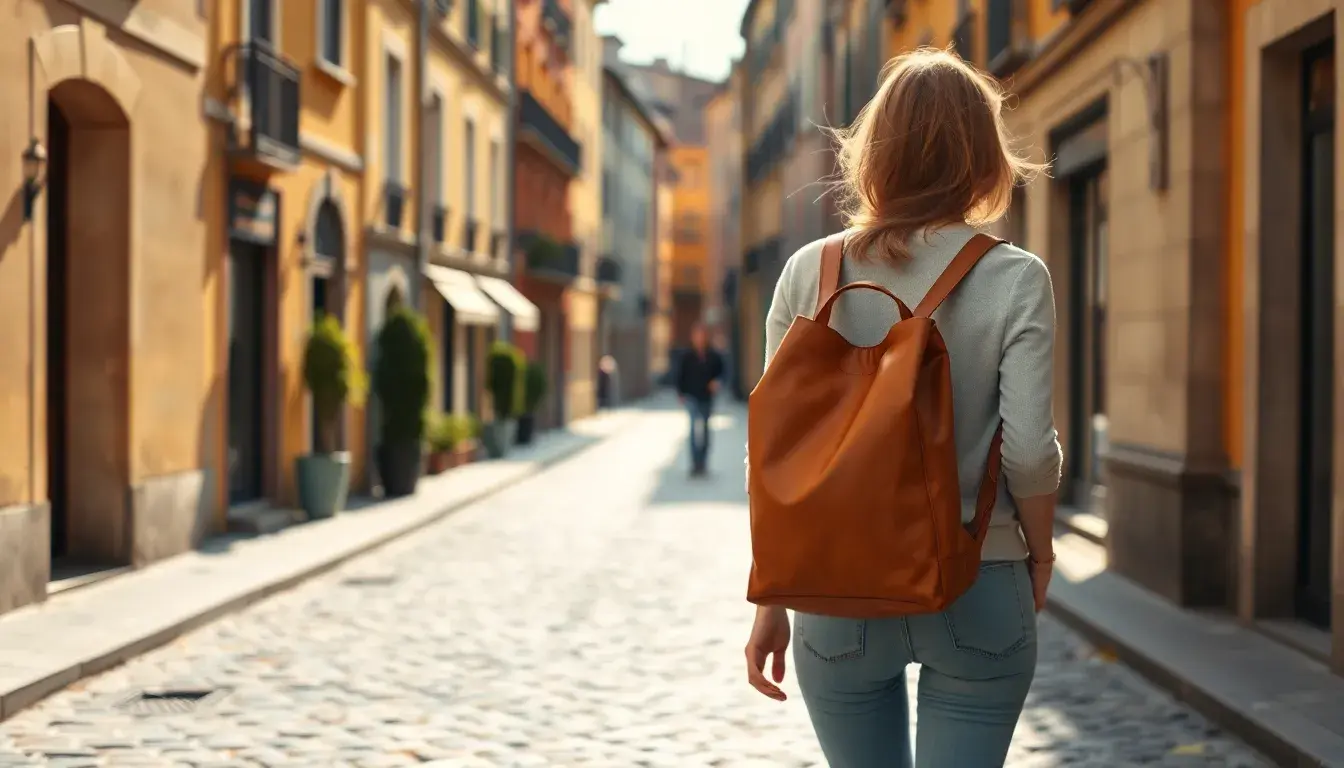 Femme portant un sac à dos cuir femme élégant dans une rue ensoleillée
