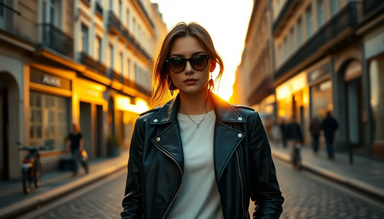 Femme élégante portant un perfecto cuir femme noir classique dans une rue pavée