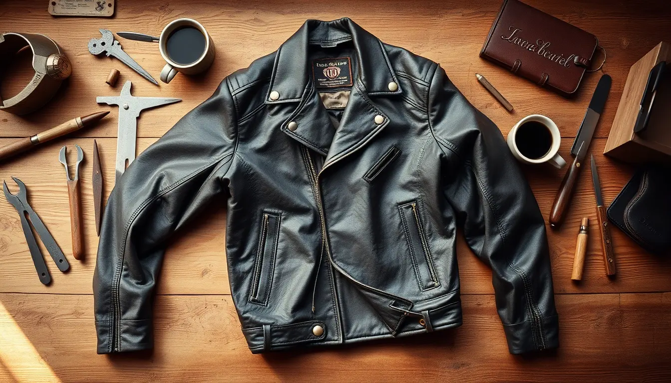 Veste en cuir homme de style motard posée sur une table en bois avec des outils d'artisanat