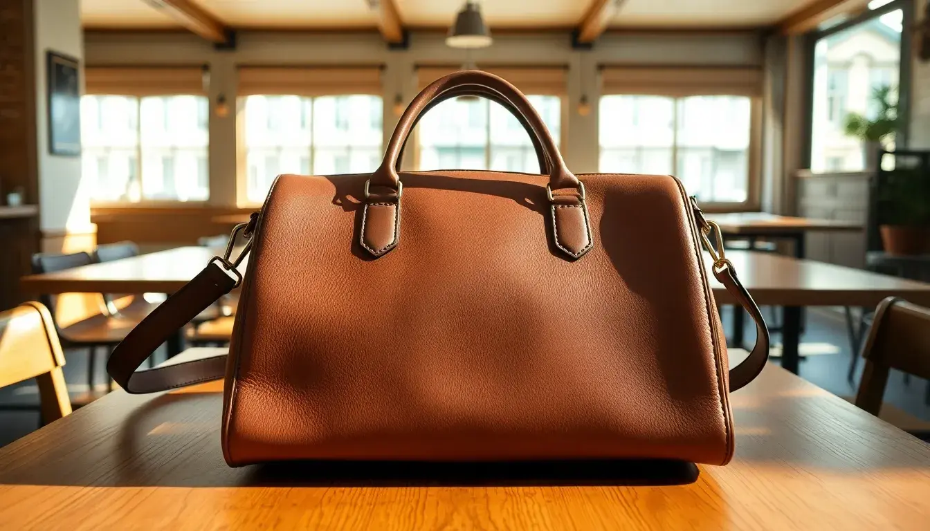 Sac à main cuir haut de gamme posé sur une table en bois artisanale