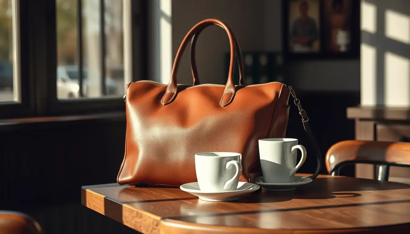 Sac cabas cuir premium marron sur une table en bois dans un café lumineux