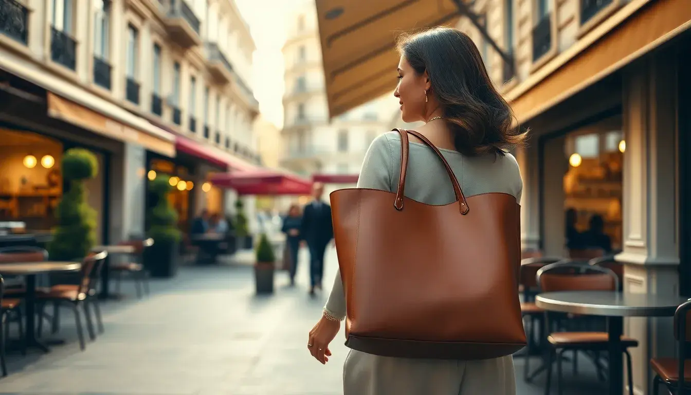 Femme élégante portant un sac fourre-tout en cuir cognac de haute qualité