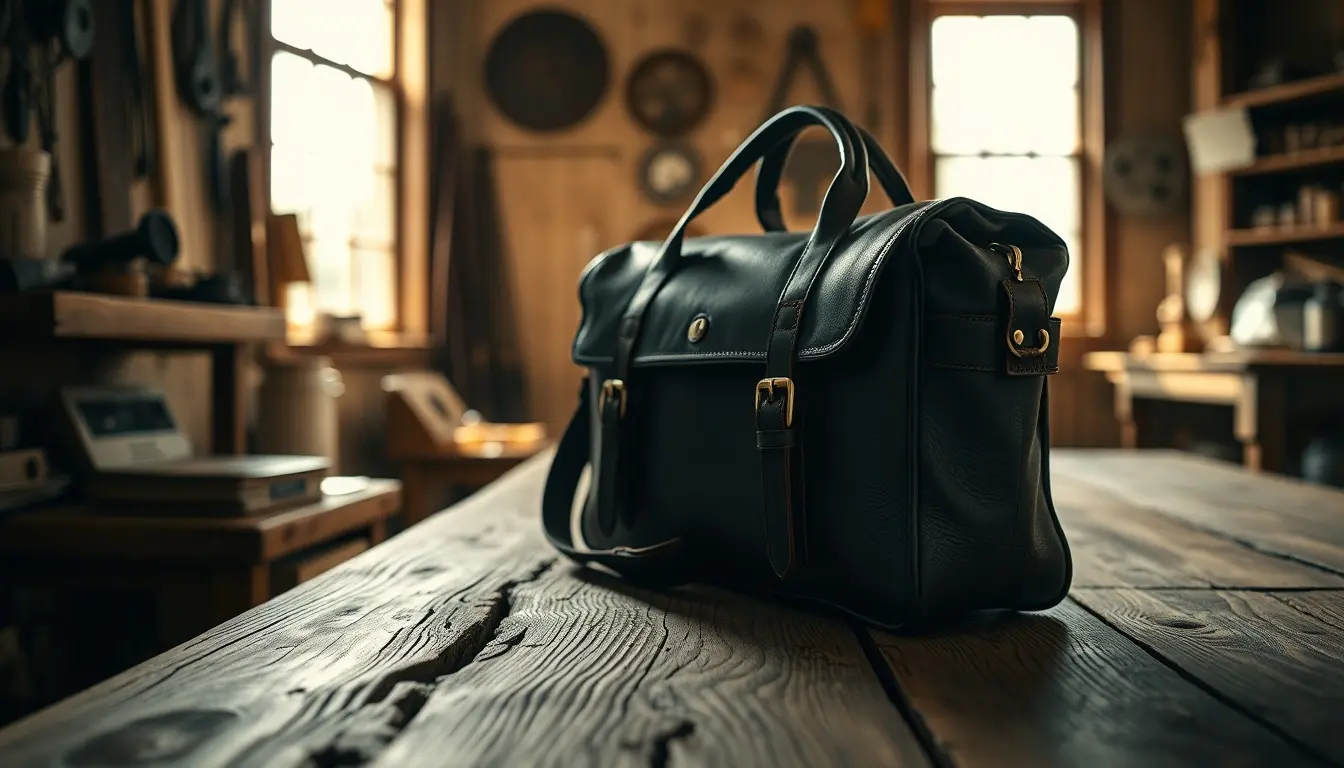Sacoche en cuir véritable pour homme posée sur un établi en bois.
