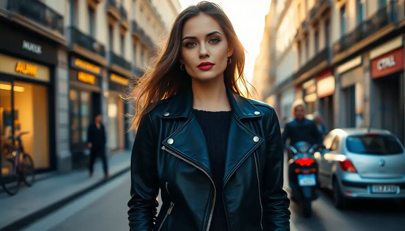 Femme élégante portant une veste simili cuir femme style biker dans une rue moderne