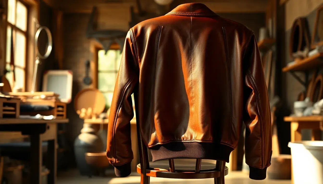 Blouson en cuir homme de qualité supérieure exposé dans un atelier d'artisanat traditionnel