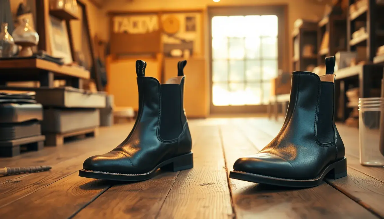 Bottes Chelsea homme en cuir noir brillant posées sur un parquet en bois sombre