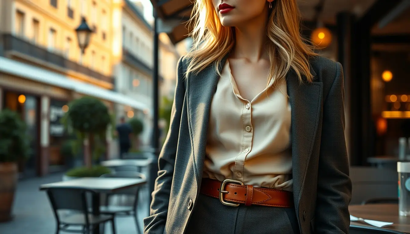 Femme élégante portant une ceinture en cuir noir sur un blazer chic, style urbain
