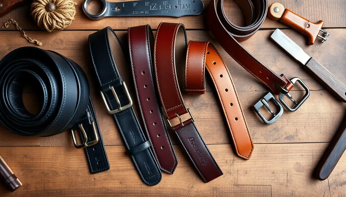 Une sélection de ceintures homme cuir de différentes teintes posées sur un établi d'artisan.