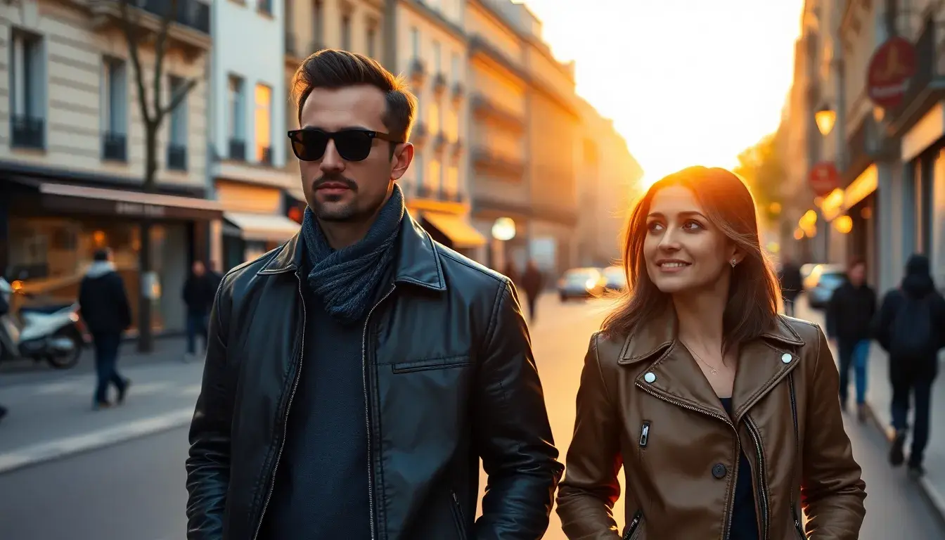 Couple élégant portant des vestes en cuir de qualité dans une rue urbaine au coucher du soleil.