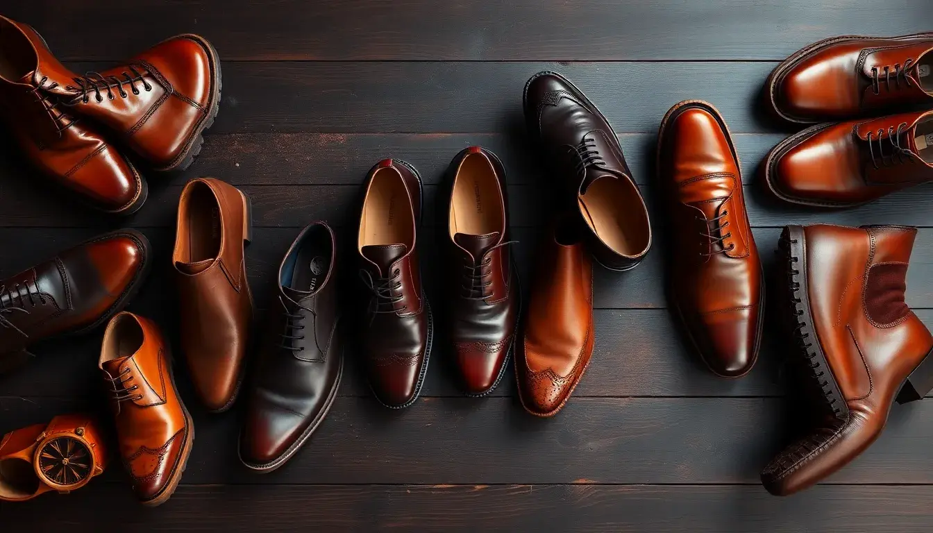 Sélection de chaussures homme cuir élégantes sur fond en bois sombre