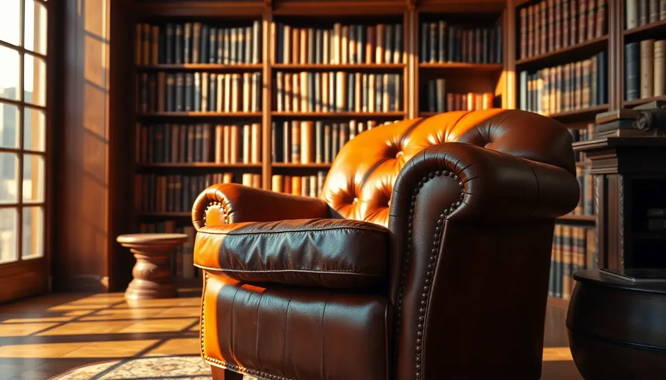 Fauteuil club en cuir marron vintage dans un salon chaleureux avec une belle patine