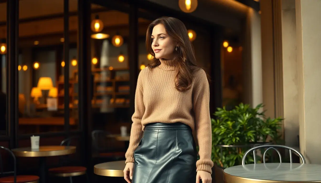 Femme élégante portant une jupe en cuir midi de haute qualité dans un cadre urbain chic