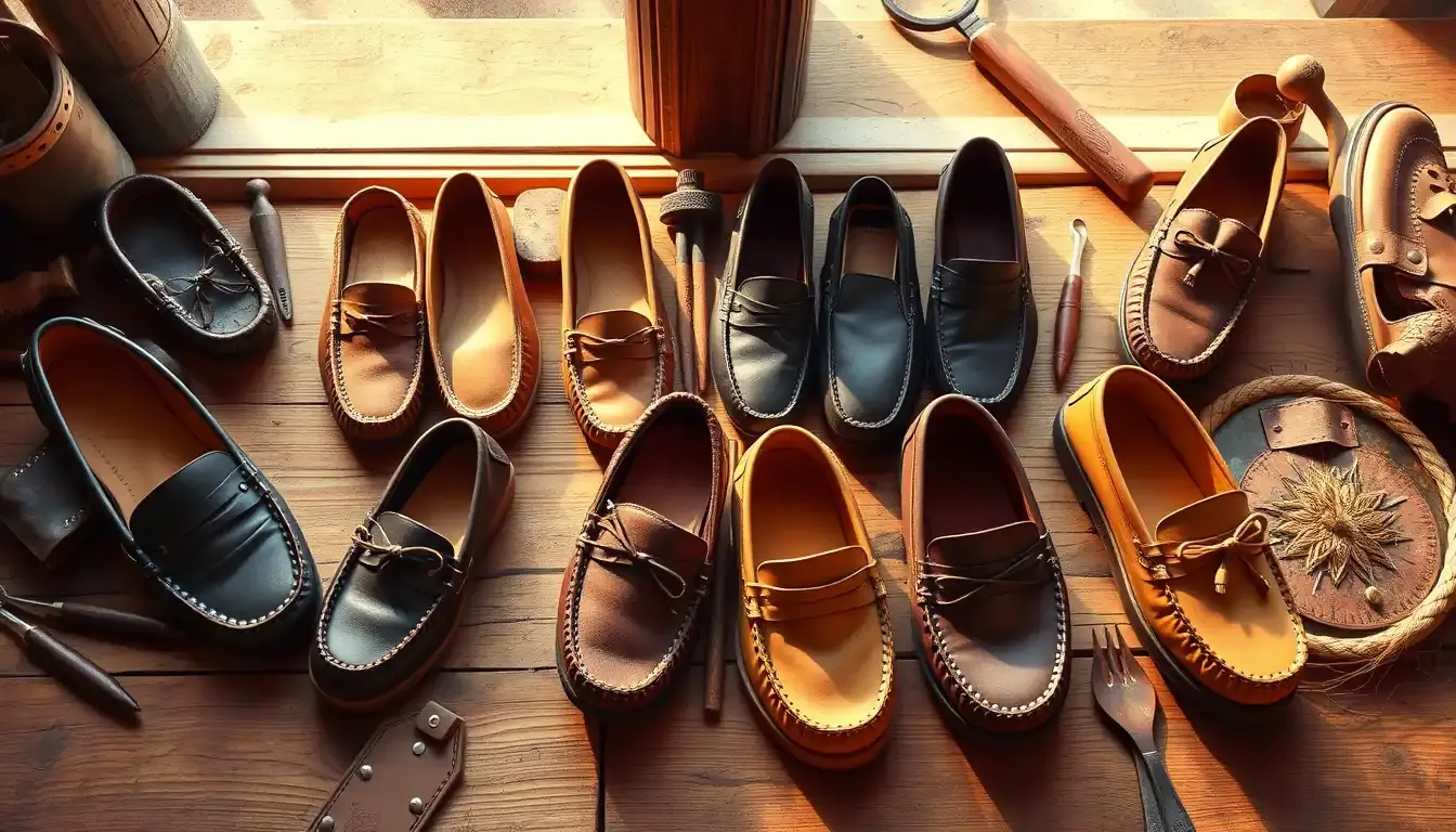 Sélection élégante de mocassins en cuir pour femme disposés sur une table en bois
