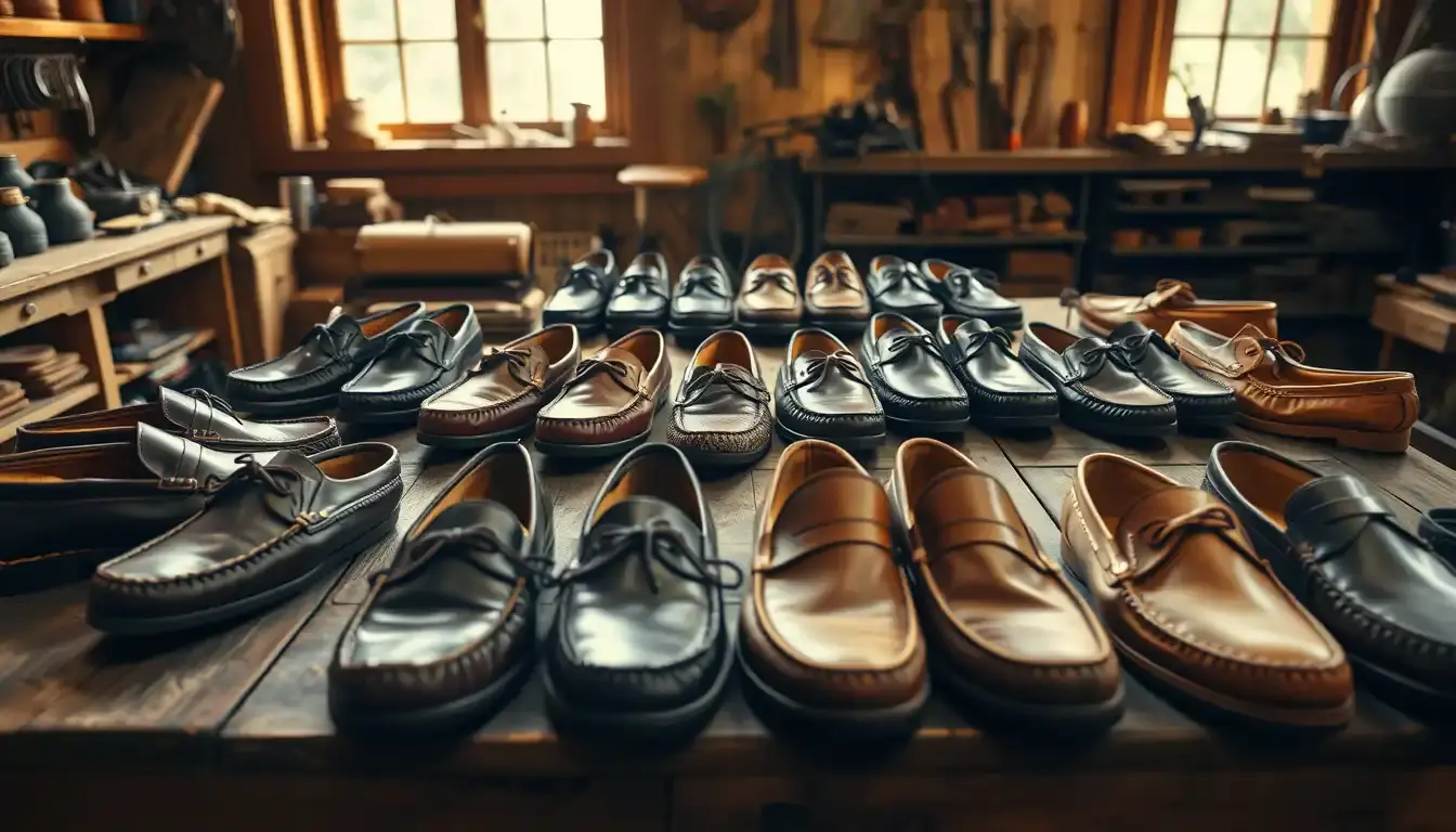 Différents styles de mocassins en cuir pour homme exposés sur une table en bois artisanale