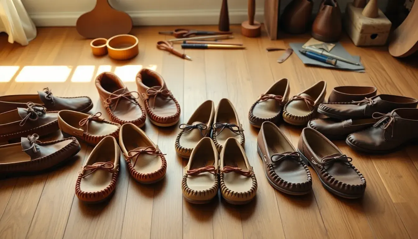 Collection de mocassins femme cuir artisanaux sur un fond en bois rustique