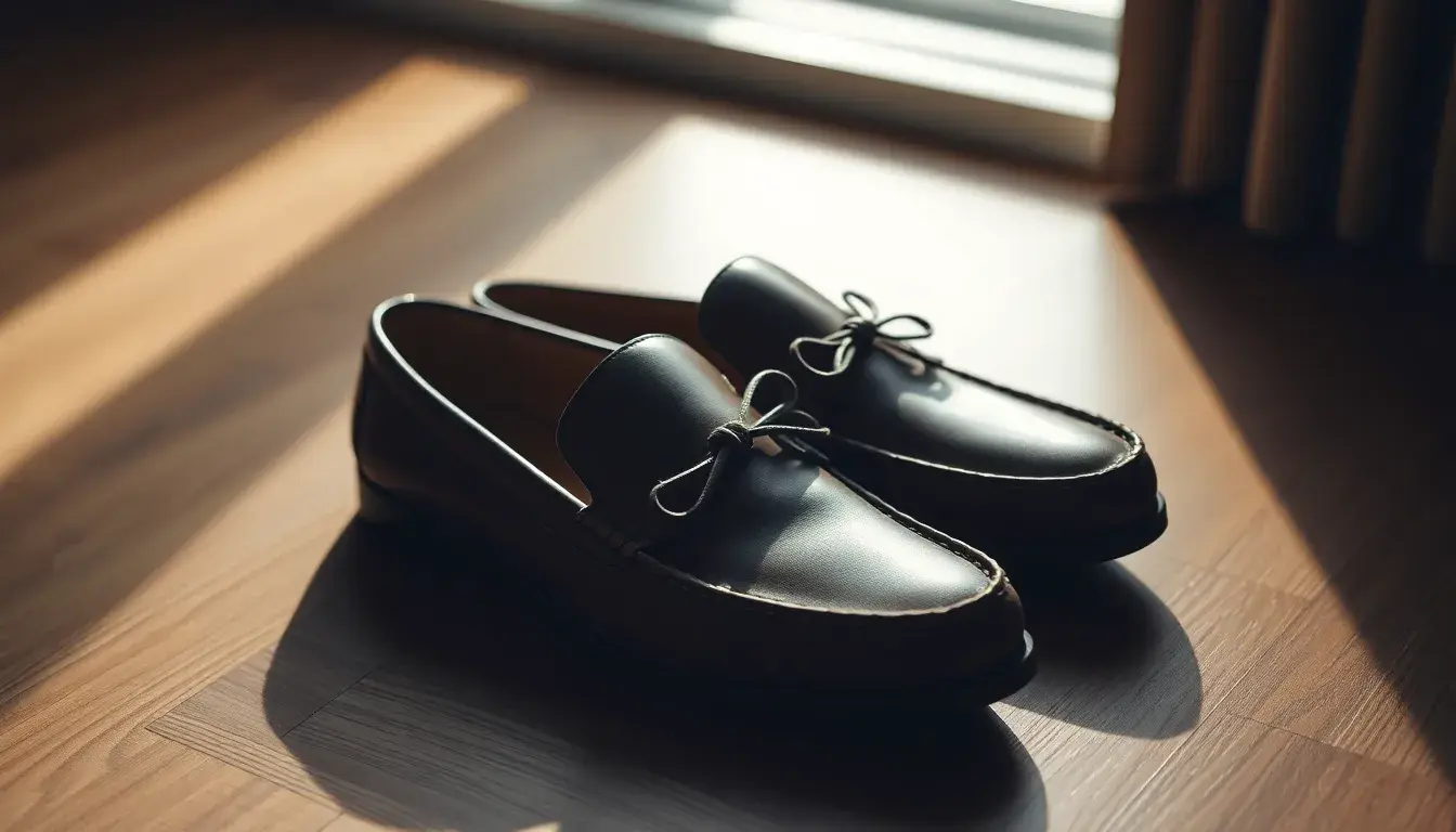 Mocassins pour homme en cuir marron de qualité sur parquet