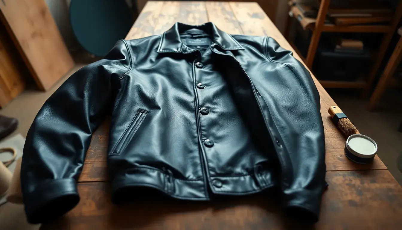 Blouson perfecto homme en cuir noir posé sur une table en bois d'artisan