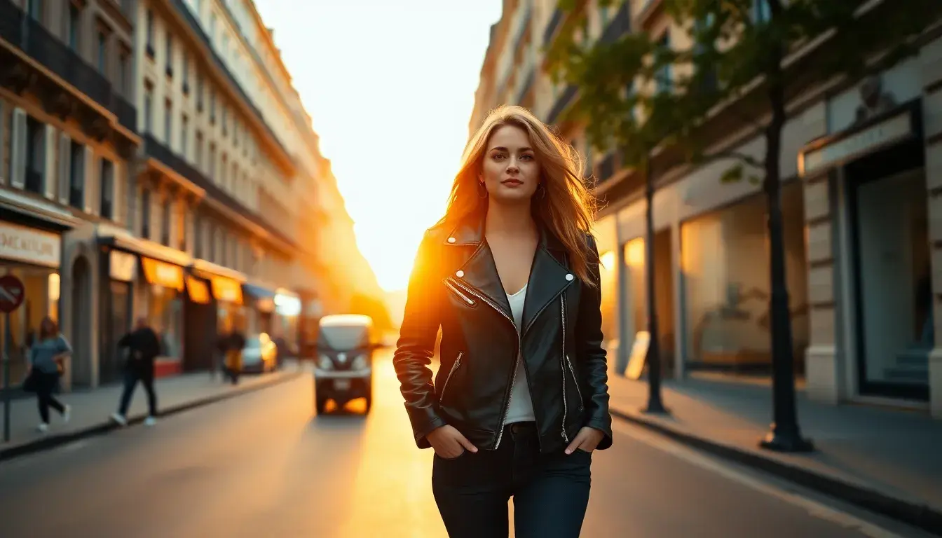Femme élégante portant une veste en cuir noir de style biker dans une rue de ville